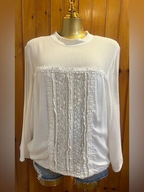 June & Hudson White Boho Lace & Crochet Inset Mock Neck Blouse - Size XL